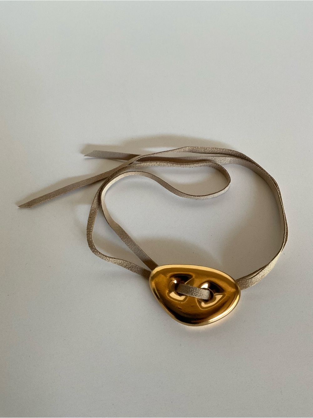 Bernardaud Gold Button Accent with Taupe Suede Tie Necklace